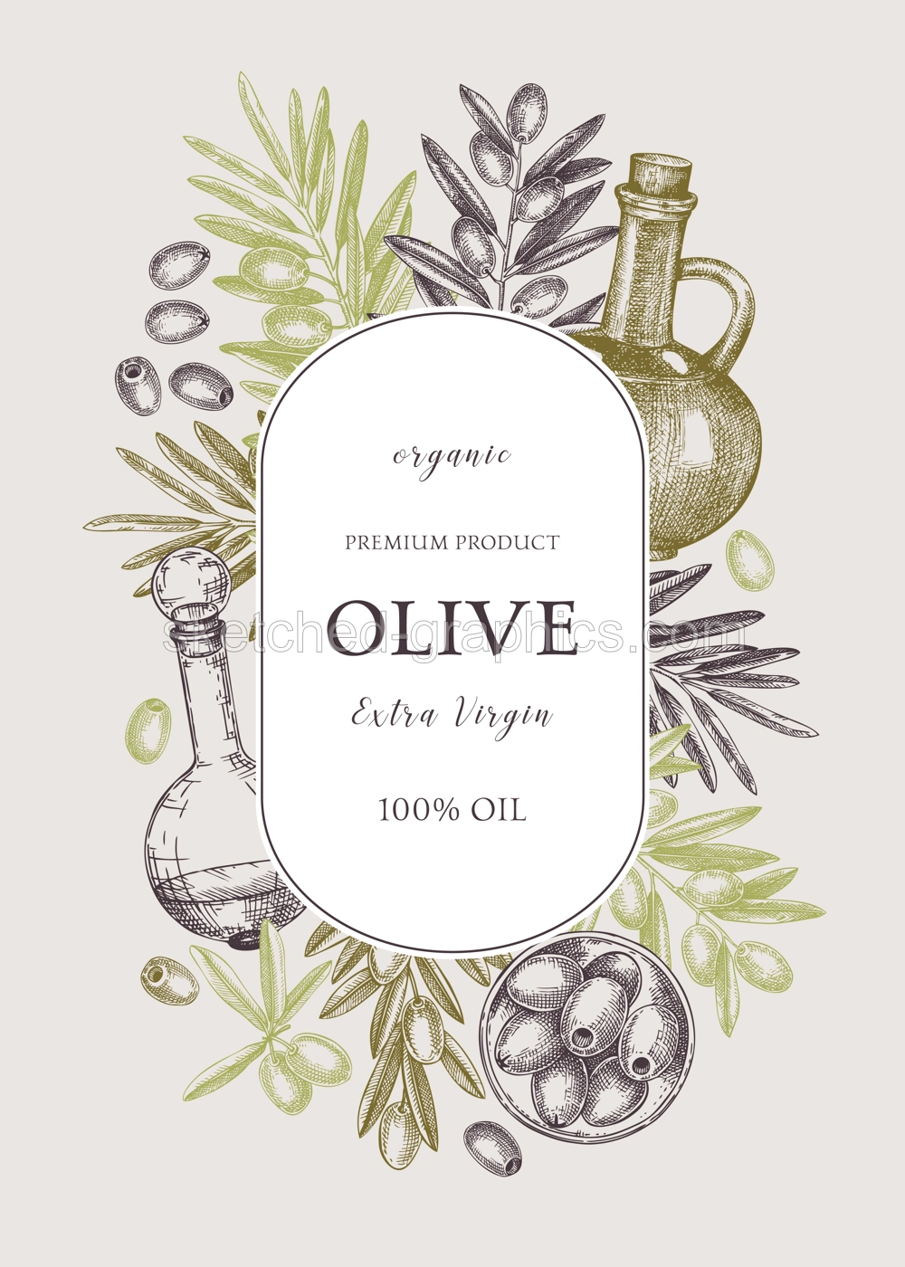 Olive oil wreath design. Hand-drawn vector illustration. Olive tree branches, glass bottle, olives sketches. Italian food ingredient. Vegetable oil background Illustration